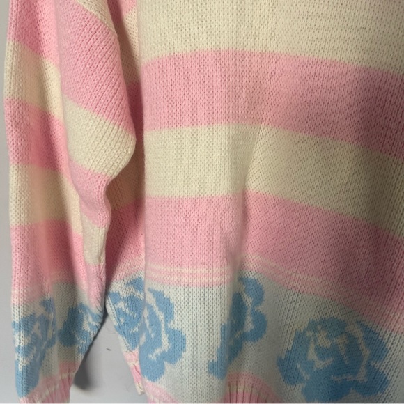 Vintage women’s Striped Floral Crew Neck Sweater Pink Cream sz XL - Picture 2 of 4